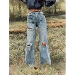 Women High Waist Ripped Wide Leg Jeans Vintage Light Wash Distressed Hole Denim Pants Streetwear Baggy Loose Fit Flare Jeans Y2K Grunge Aesthetic Casual Daily Trousers For Ladies
