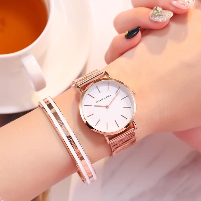 HANNAH MARTIN Leisure Top Brand Hot Selling Original Quartz Watch Women Simple Elegant Steel 36mm Japanese Movement Clock Banquet Matching & Work Watches Ladies Quartz Movement Original Ladies WatchLocal Watch Women Mesh with Clock