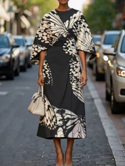 The New Fashionable Ladies Satin Mid-Length Dress Features a High-Waist, Form-Fitting and Anti-Wrinkle Design. It Has Black and White butterfly Prints, Batwing Sleeves and Loose-Fitting A-Line Cut. The Elegant V-Neck A-Shaped Skirt Design Is Suitable for