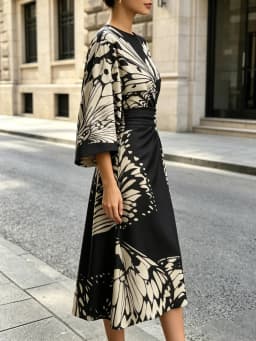 The New Fashionable Ladies Satin Mid-Length Dress Features a High-Waist, Form-Fitting and Anti-Wrinkle Design. It Has Black and White butterfly Prints, Batwing Sleeves and Loose-Fitting A-Line Cut. The Elegant V-Neck A-Shaped Skirt Design Is Suitable for