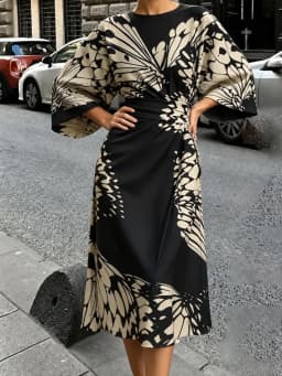 The New Fashionable Ladies Satin Mid-Length Dress Features a High-Waist, Form-Fitting and Anti-Wrinkle Design. It Has Black and White butterfly Prints, Batwing Sleeves and Loose-Fitting A-Line Cut. The Elegant V-Neck A-Shaped Skirt Design Is Suitable for