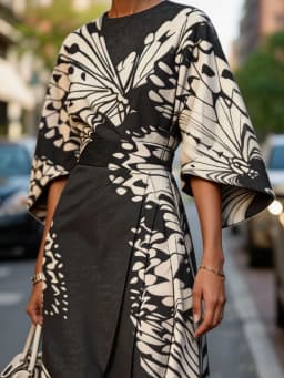 The New Fashionable Ladies Satin Mid-Length Dress Features a High-Waist, Form-Fitting and Anti-Wrinkle Design. It Has Black and White butterfly Prints, Batwing Sleeves and Loose-Fitting A-Line Cut. The Elegant V-Neck A-Shaped Skirt Design Is Suitable for