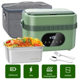 1.5L Cordless Electric Heated Lunch Box 18000mAh Rechargeable Battery 60W Food Warmer with Timer 304 Stainless Steel Container Portable Thermal Lunch Box For Work Travel Office