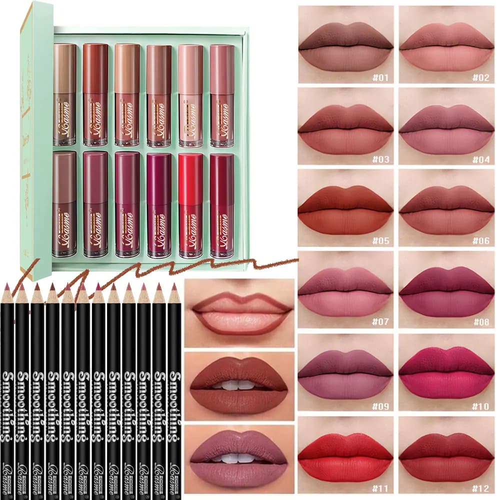 12 Colors Velvet Matte Liquid Lipstick Set with 12Pcs Matching Lip Liner Pencils, Long Lasting Waterproof Non-stick Cup Lip Makeup Kit Gift Box