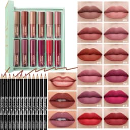 12 Colors Velvet Matte Liquid Lipstick Set with 12Pcs Matching Lip Liner Pencils, Long Lasting Waterproof Non-stick Cup Lip Makeup Kit Gift Box