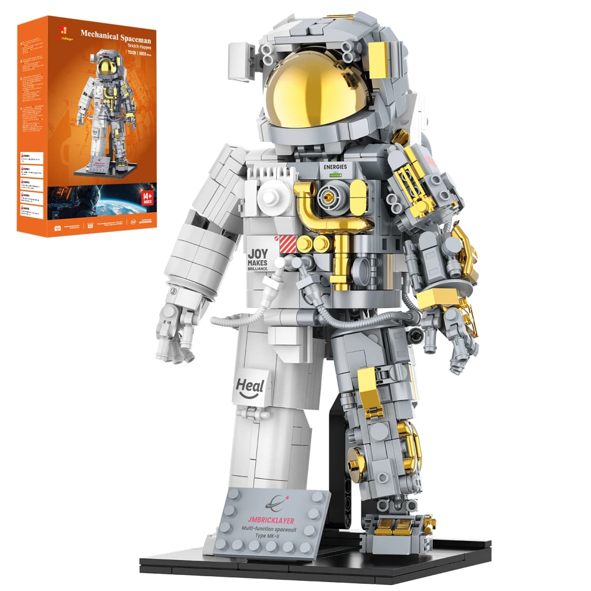 JMBricklayer 1008PCS Space Astronaut Building Blocks Set Spaceman Figure Model Kit with Display Stand Gold Visor Articulated Joints STEM Science Toy Space Exploration Home Office Decor Gift for Adults Teens Birthday