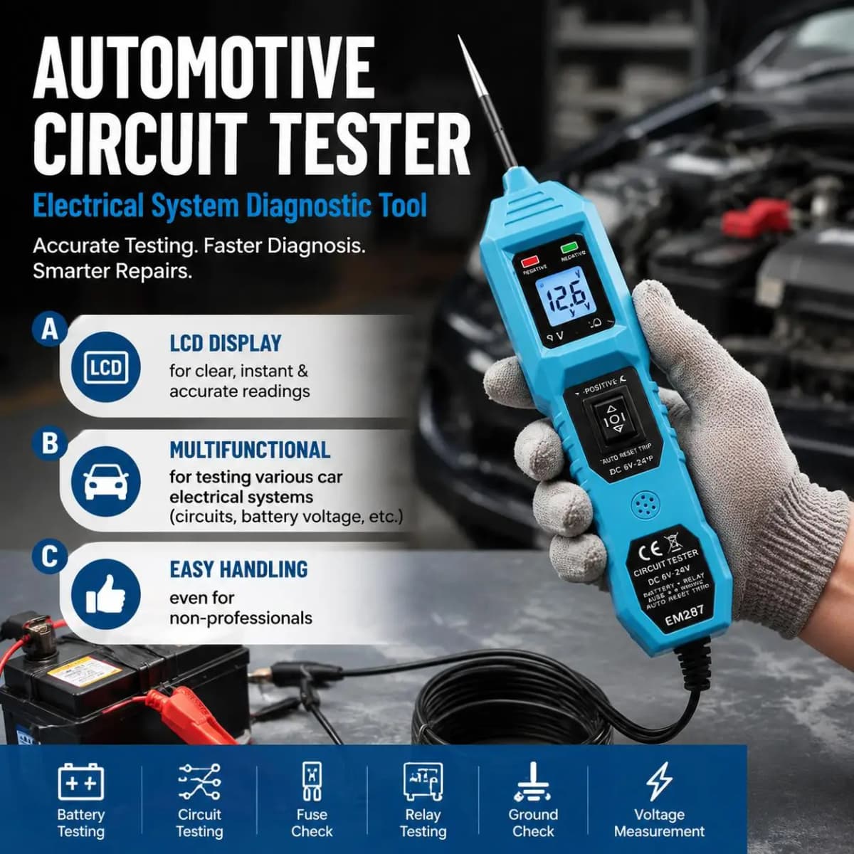 Multifunctional Car Circuit Tester Diagnostic Tool with LCD Display Power Probe Kit for Automotive Electrical Repair and Car Electrical System Testing High Precision Voltage Tester 12V 24V 6V 36V 48V Compatible with Battery Alternator Starter
