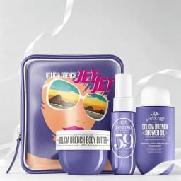 Sol de Janeiro Delicia Drench Jet Set Travel Perfume Gift Set For Women Cheirosa 59 Juicy Passion Fruit Vanilla Soft Gourmand Scent Portable Mini Body Perfume Deep Moisturizing Body Butter Cleansing Shower Oil Complete Purple Vintage Storage Bag Perfect T