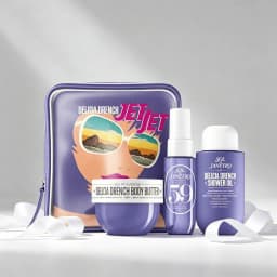 Sol de Janeiro Delicia Drench Jet Set Travel Perfume Gift Set For Women Cheirosa 59 Juicy Passion Fruit Vanilla Soft Gourmand Scent Portable Mini Body Perfume Deep Moisturizing Body Butter Cleansing Shower Oil Complete Purple Vintage Storage Bag Perfect T