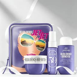Sol de Janeiro Delicia Drench Jet Set Travel Perfume Gift Set For Women Cheirosa 59 Juicy Passion Fruit Vanilla Soft Gourmand Scent Portable Mini Body Perfume Deep Moisturizing Body Butter Cleansing Shower Oil Complete Purple Vintage Storage Bag Perfect T