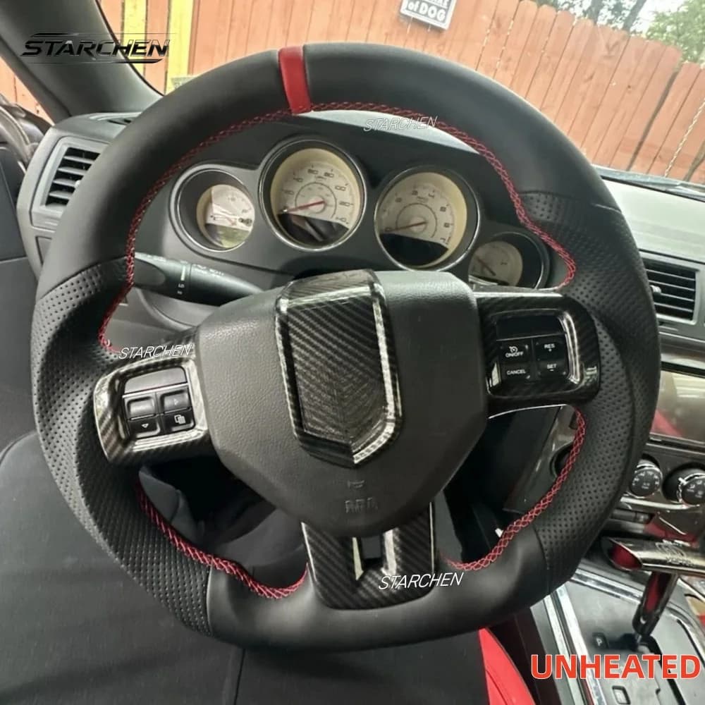 Full Leather Sport Steering Wheel for Dodge Charger Challenger Durango 2011-2014,Hand-Sewn Perforated Design with Red Top Stripe(Non-heated)
