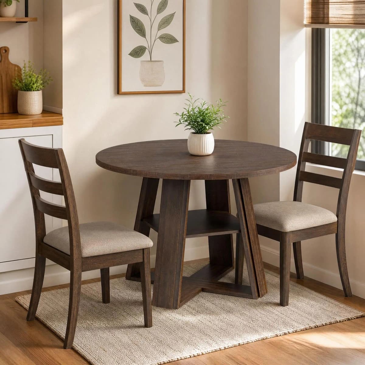 Modern Farmhouse 43'' Round Dining Table with Sturdy Wooden Pedestal, Extra Storage Shelf, Space-Saving for Kitchen & Dining Room, Seats 2-4,(Only table)