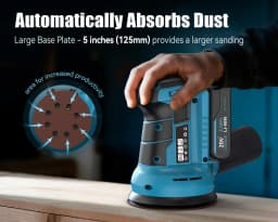 20V Cordless Orbital Sander 5'' Electric Palm Sander With Variable Speed 7000-11000 OPM Random Orbit Sander With Vacuum Dust Collector 2000mAh Battery & Fast Charger 12Pcs Sanding Discs For Woodworking Furniture (Blue)