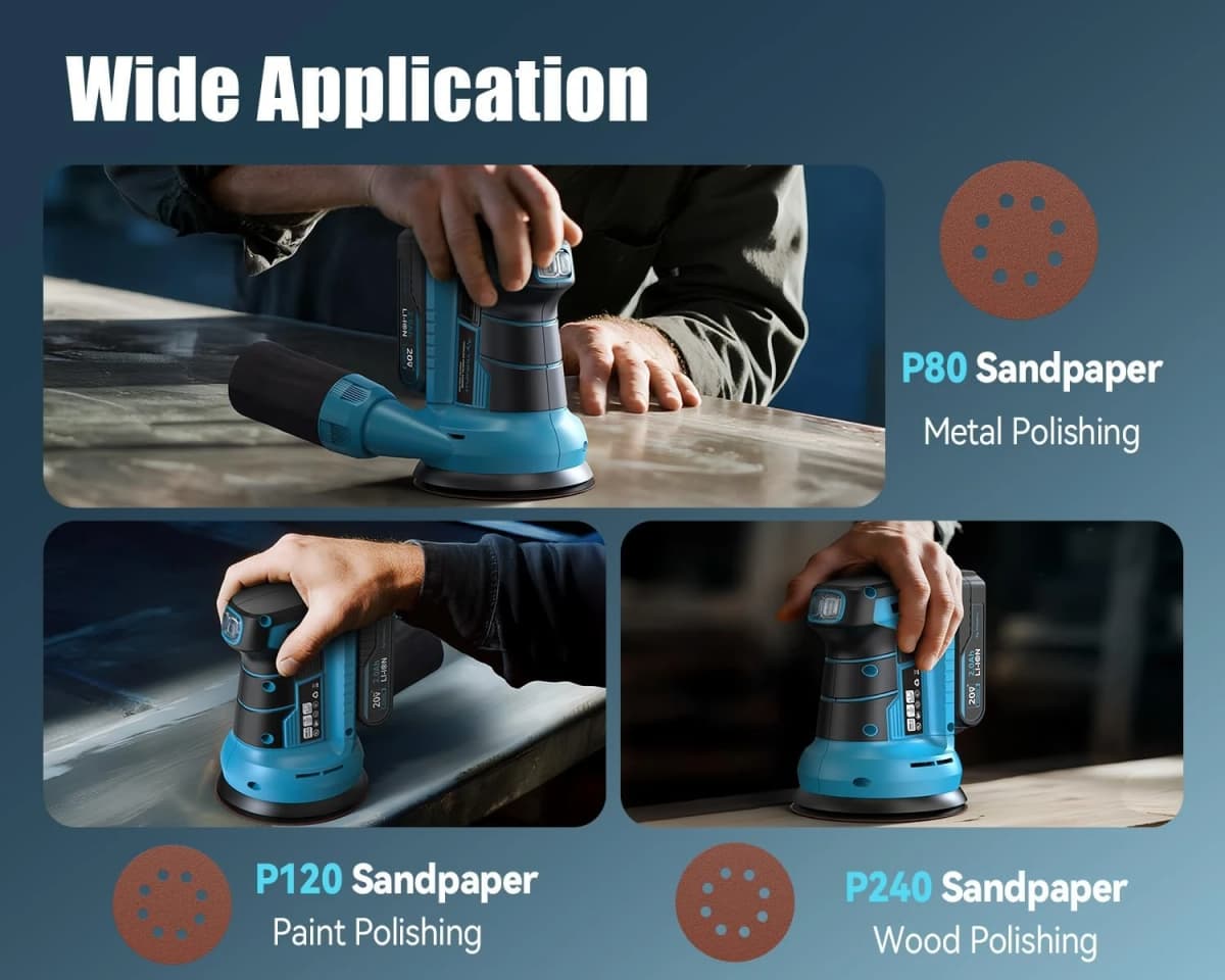 20V Cordless Orbital Sander 5'' Electric Palm Sander With Variable Speed 7000-11000 OPM Random Orbit Sander With Vacuum Dust Collector 2000mAh Battery & Fast Charger 12Pcs Sanding Discs For Woodworking Furniture (Blue)