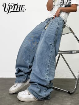 UP.THE Men Light Blue Baggy Wide Leg Jeans, Y2K Loose Oversized Denim Pants, Casual Vintage Washed Streetwear Trousers for Daily Outfits