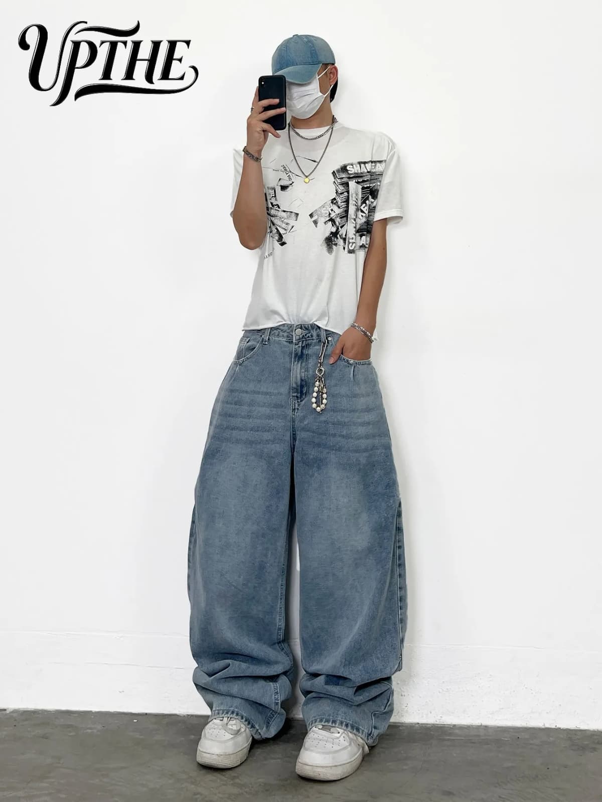 UP.THE Men Light Blue Baggy Wide Leg Jeans, Y2K Loose Oversized Denim Pants, Casual Vintage Washed Streetwear Trousers for Daily Outfits