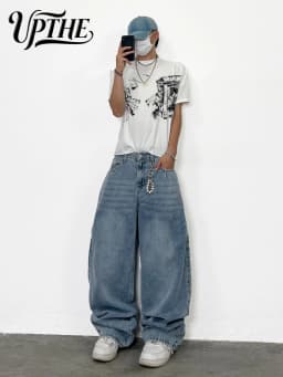 UP.THE Men Light Blue Baggy Wide Leg Jeans, Y2K Loose Oversized Denim Pants, Casual Vintage Washed Streetwear Trousers for Daily Outfits