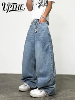 UP.THE Men Light Blue Baggy Wide Leg Jeans, Y2K Loose Oversized Denim Pants, Casual Vintage Washed Streetwear Trousers for Daily Outfits