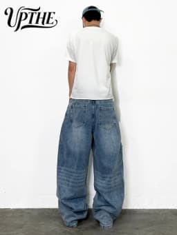UP.THE Men Light Blue Baggy Wide Leg Jeans, Y2K Loose Oversized Denim Pants, Casual Vintage Washed Streetwear Trousers for Daily Outfits