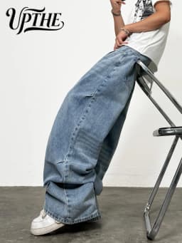 UP.THE Men Light Blue Baggy Wide Leg Jeans, Y2K Loose Oversized Denim Pants, Casual Vintage Washed Streetwear Trousers for Daily Outfits