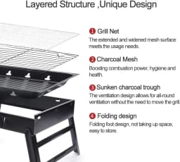 Foldable 17 Inch Portable Charcoal Tabletop BBQ Grill Stainless Steel Compact Barbecue Grill For Outdoor Camping Beach Backyard Picnic RV Travel
