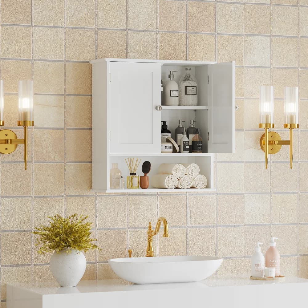 Bathroom Wall Cabinet with Door, Over Toilet Storage Cabinet with and Adjustable Shelves, 3-Tier Medicine Cabinet Wall Mounted, for Bathroom, Kitchen, Entryway, Laundry Room, White