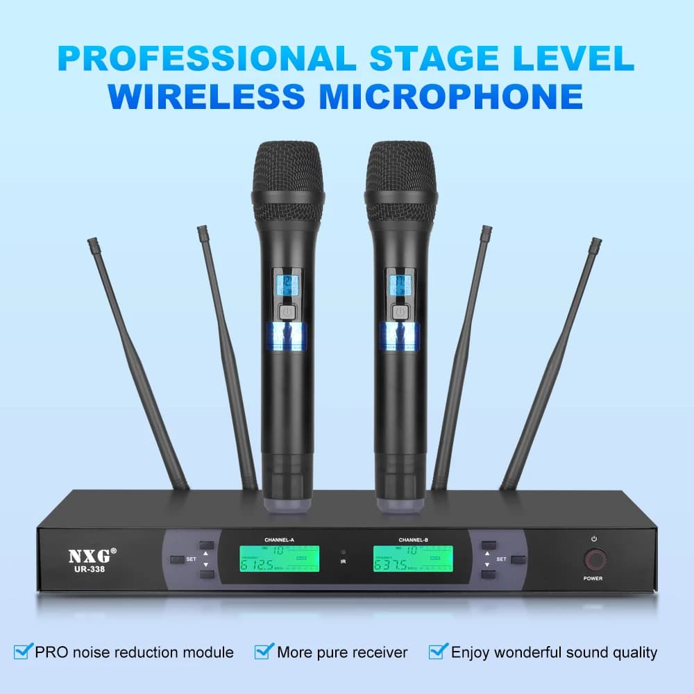 NXG UR-338 Dual Channel UHF Wireless Handheld Microphone System, Dual Independent Digital LCD Display, Intelligent Noise Reduction Dynamic Mic Core, Zero Latency Clear Hi-Fi Sound, Stable Long-Range Transmission, Plug and Play Set for Home KTV