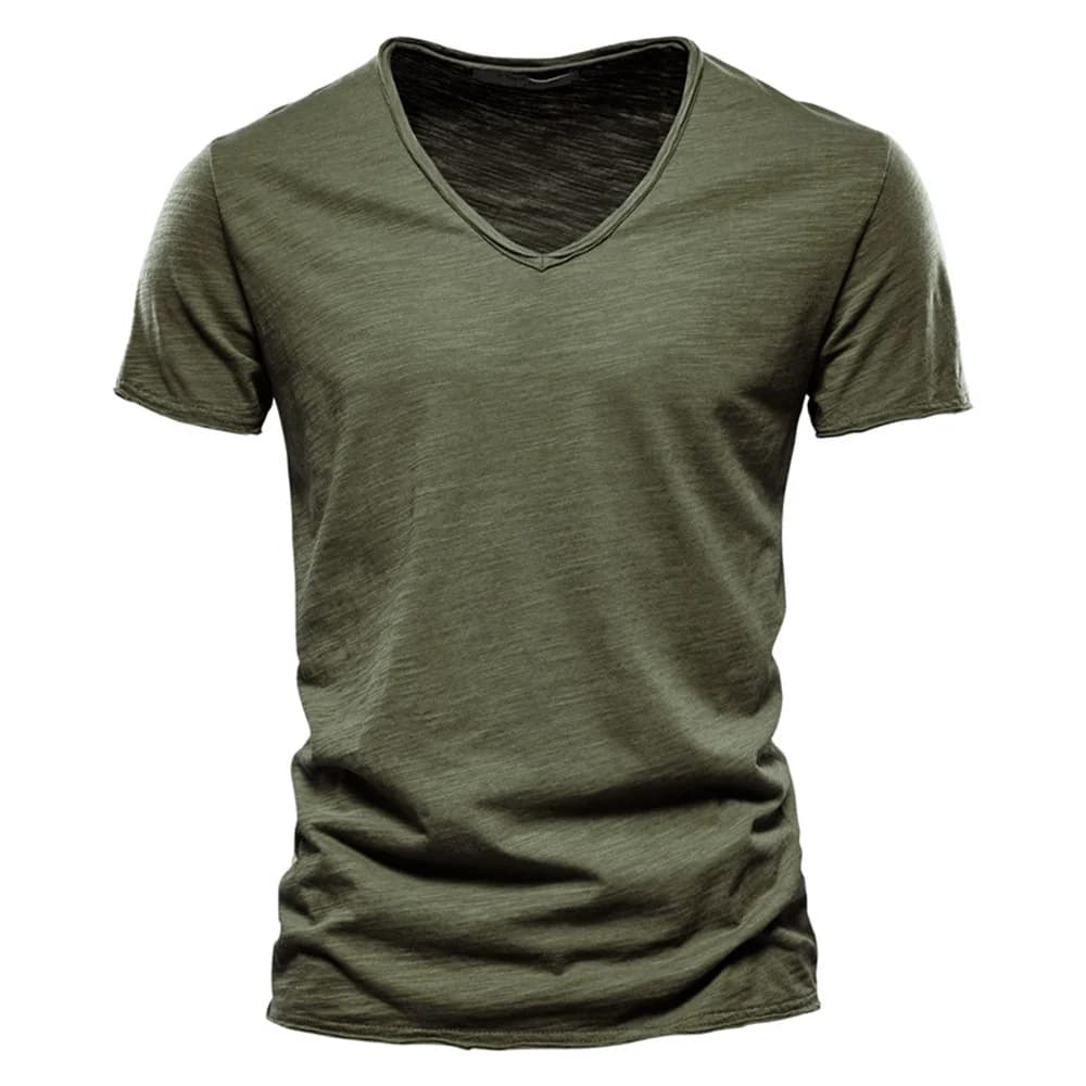 2025 New Summer V-neck T-shirt Men 100% Combed Cotton Solid Short Sleeve T Shirt Men Fitness Undershirt Male Tops Tees