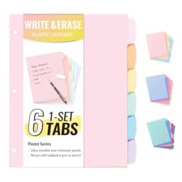 6-Tab 3 Ring Binder dividers with tabs, Durable Plastic Write and Erase Tab Dividers for 3 Ring Binder, Aesthetic Cute Binder D