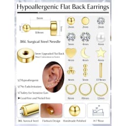 15Pairs Small Hypoallergenic Flat Back Stud Earrings for Women Men 14K Gold Plated Surgical Stainless Steel Earring Sets Tiny Screw Back Cartilage Earrings for Sensitive Ears