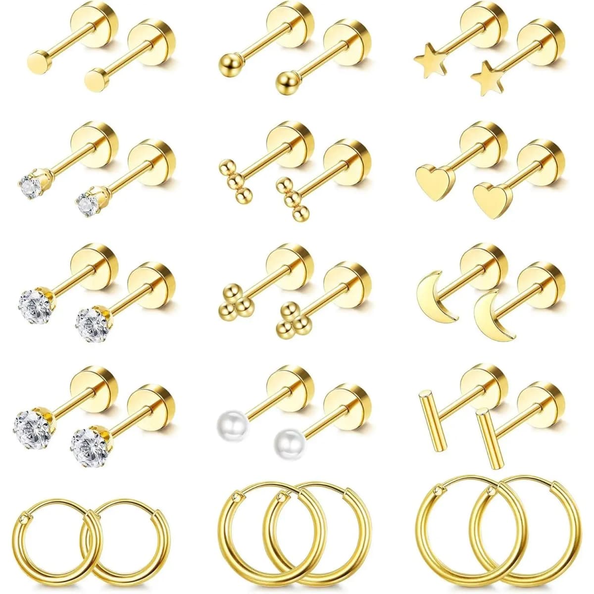 15Pairs Small Hypoallergenic Flat Back Stud Earrings for Women Men 14K Gold Plated Surgical Stainless Steel Earring Sets Tiny Screw Back Cartilage Earrings for Sensitive Ears