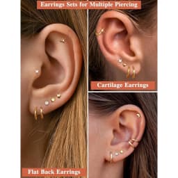 15Pairs Small Hypoallergenic Flat Back Stud Earrings for Women Men 14K Gold Plated Surgical Stainless Steel Earring Sets Tiny Screw Back Cartilage Earrings for Sensitive Ears