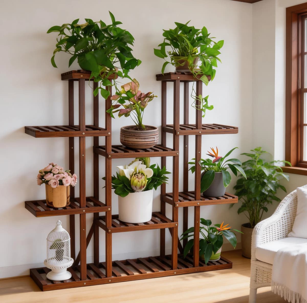 Wood Multi-Tiered Plant Stand Reinforced Flower Display Rack for Outdoor Indoor Decor