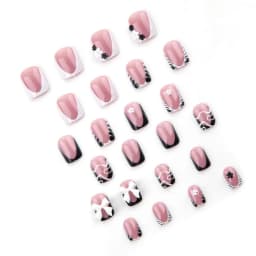 Short Square Press-On Nails with Black French Tips, Zebra Stripes, Flowers, and Glossy Finish for Women's Nail Decoration