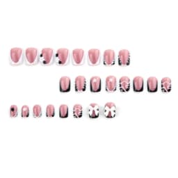 Short Square Press-On Nails with Black French Tips, Zebra Stripes, Flowers, and Glossy Finish for Women's Nail Decoration