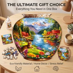 Vase Shaped Mountain Lake Cat Floral Wooden Jigsaw Puzzle, Country Cabin Riverside Scenery Irregular Basswood Puzzle, Laser Cut Nature Landscape Brain Teaser, Rustic Decor Gift For Puzzle Lovers