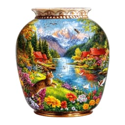 Vase Shaped Mountain Lake Cat Floral Wooden Jigsaw Puzzle, Country Cabin Riverside Scenery Irregular Basswood Puzzle, Laser Cut Nature Landscape Brain Teaser, Rustic Decor Gift For Puzzle Lovers
