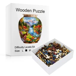 Vase Shaped Mountain Lake Cat Floral Wooden Jigsaw Puzzle, Country Cabin Riverside Scenery Irregular Basswood Puzzle, Laser Cut Nature Landscape Brain Teaser, Rustic Decor Gift For Puzzle Lovers
