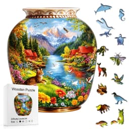 Vase Shaped Mountain Lake Cat Floral Wooden Jigsaw Puzzle, Country Cabin Riverside Scenery Irregular Basswood Puzzle, Laser Cut Nature Landscape Brain Teaser, Rustic Decor Gift For Puzzle Lovers