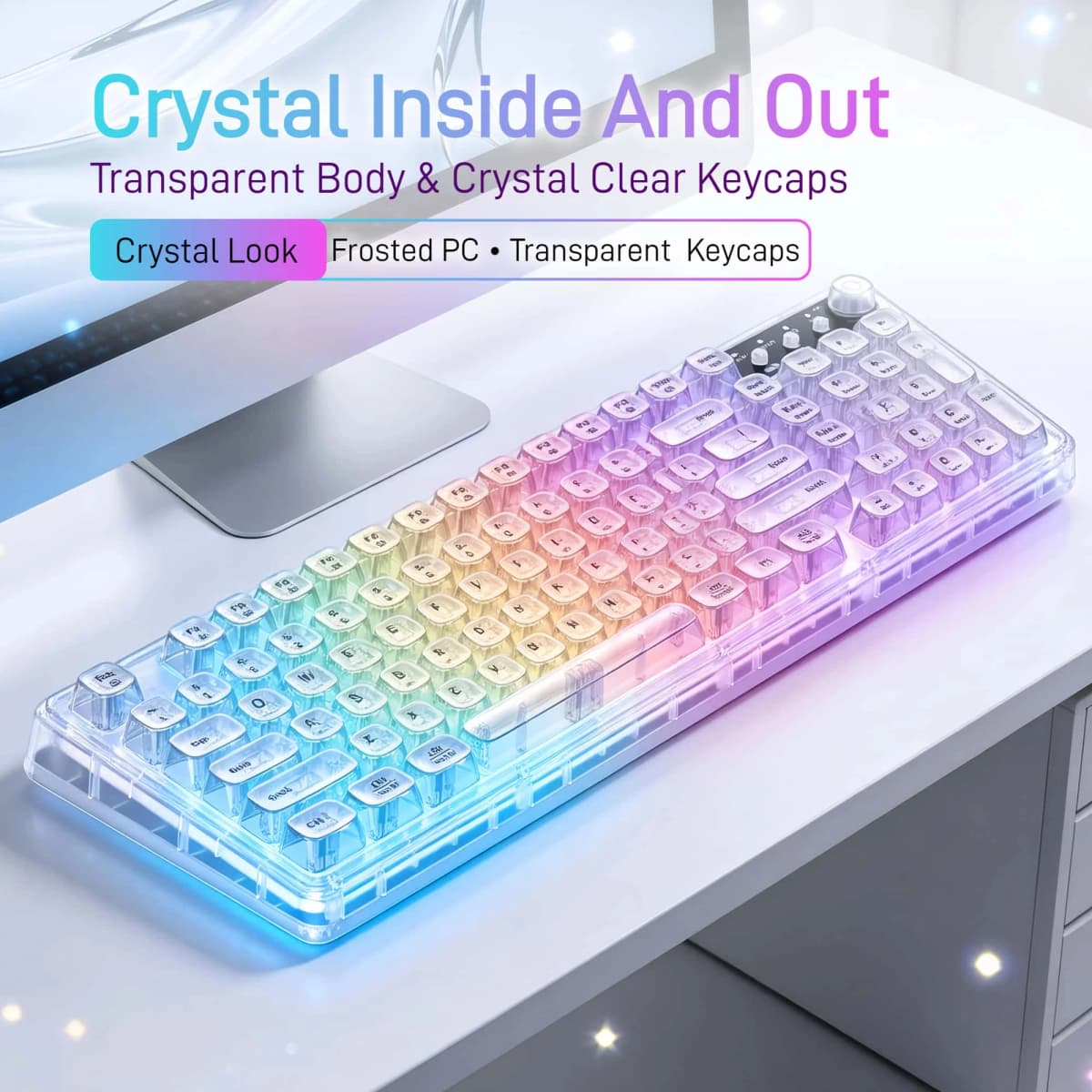 F99 Gasket Transparent Wireless Gaming Keyboard, Tri‑Mode 2.4G/BT/USB‑C, 99‑Key 1800 Compact Layout, RGB Clear PC Keycaps, Mechanical‑Like Typing Feel for Office & Desk Setup