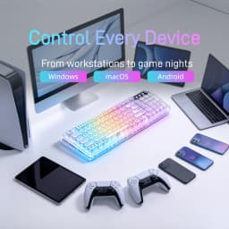 F99 Gasket Transparent Wireless Gaming Keyboard, Tri‑Mode 2.4G/BT/USB‑C, 99‑Key 1800 Compact Layout, RGB Clear PC Keycaps, Mechanical‑Like Typing Feel for Office & Desk Setup