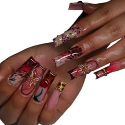 24Pcs Cherry Long Square Press on Nails, Leopard Print 3D Detachable False Nail Tips for Daily Salon DIY Manicure Decor Accessory