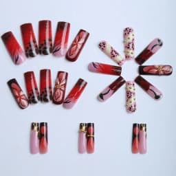 24Pcs Cherry Long Square Press on Nails, Leopard Print 3D Detachable False Nail Tips for Daily Salon DIY Manicure Decor Accessory