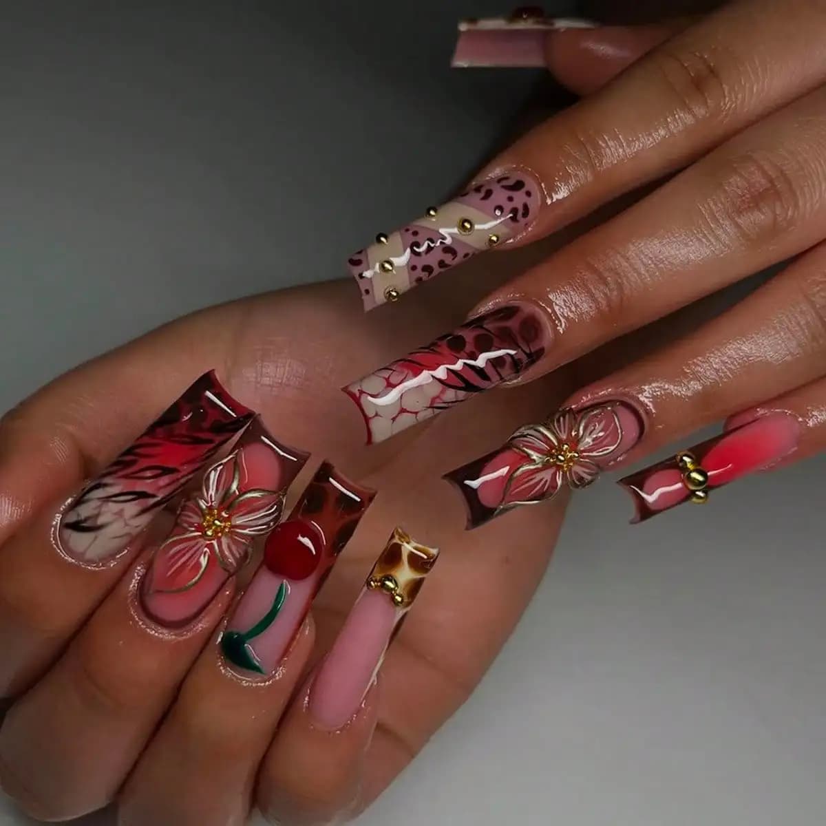 24Pcs Cherry Long Square Press on Nails, Leopard Print 3D Detachable False Nail Tips for Daily Salon DIY Manicure Decor Accessory