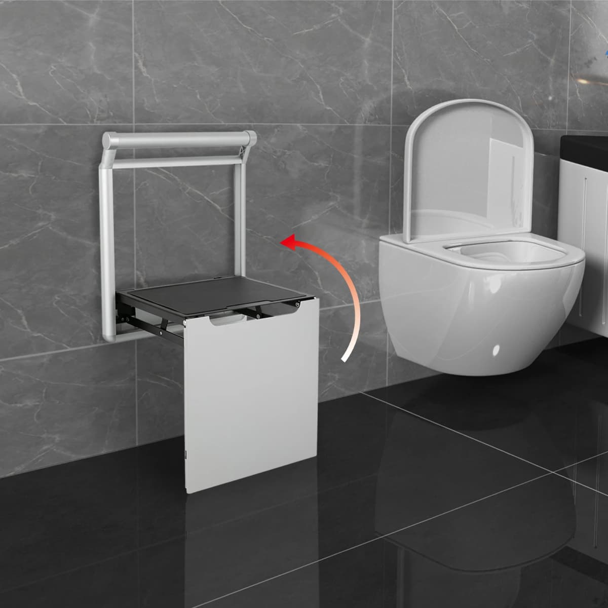 Foldable Wall-Mounted Shower Seat for Elderly Disabled Pregnant Women, 150kg/330.7lbs Load Capacity, Anti-Slip Padded Handrail, Space-Saving Bathroom Bench with Slow-Close Mechanism, Silver Aluminum