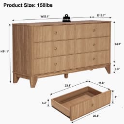 53.1" Wide 6-Drawer Dresser, Fluted Modern Chest of Drawers with Soft Round Corners, Wooden TV Stand for Bedroom, Living Room &