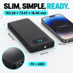 12W PD Charge Powerbank 10000mAh Thin Portable Charger Type C USB C External Battery Backup Power Supply with LED Display for Travel Camping Fits iPhone 17 16 15 14 Plus Pro Max Samsung Galaxy S26 S25 Ultra S24 Google Pixel 9 8 Pro