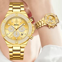 YaLaLuSi Men Women Fashion Watch, Waterproof Sports Bling Diamond Chronograph Wristwatch, Gold Band, Free Shipping