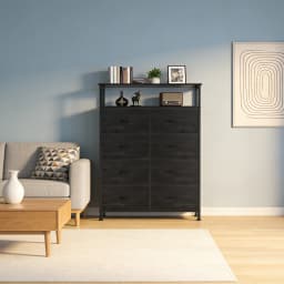 MCQ Living Room Wooden Top TV Stand 8 Fabric Drawers Cabinet with Charging Station Raised Shelf Storage Display Furniture