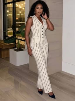 Women Sleeveless V Neck Pinstripe Vest And High Waist Straight Long Pants For Elegant Office Business And Daily Occasion